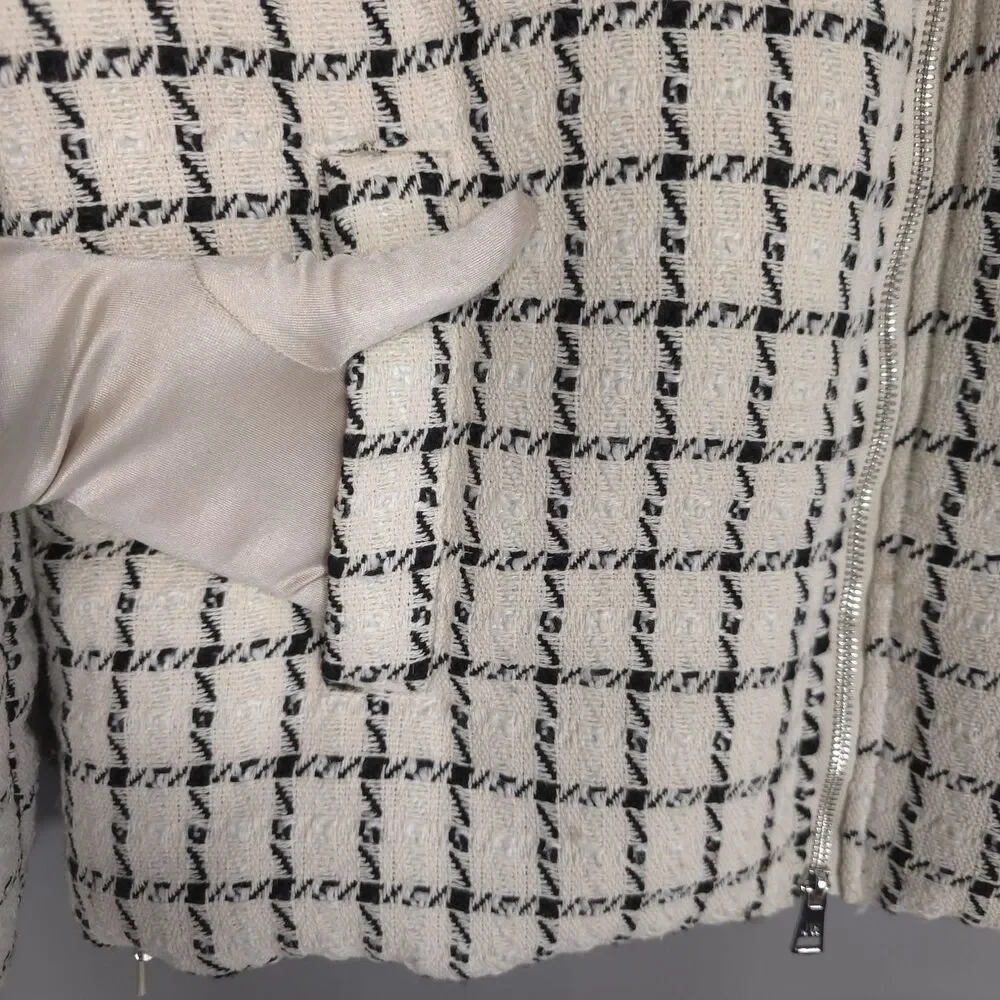 JASON WU New Women’s MEDIUM Quiet Luxury Ivory Plaid Tweed‎ PUFFER Jacket Cozy